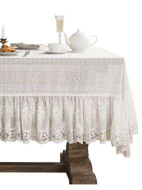 Vintage French Lace Ruffle 100% Cotton Tablecloth SQUARE 63x63” CREAM